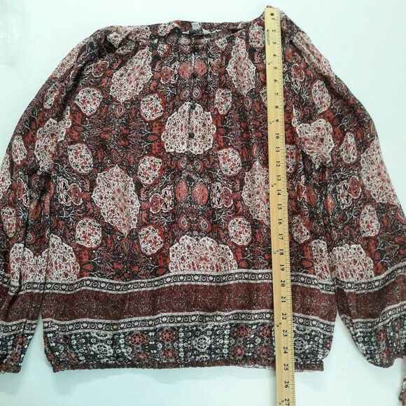 Lucky Brand Blouse Women Med Brown Black Paisley Midway Button Up Elastic Waist - Picture 6 of 10